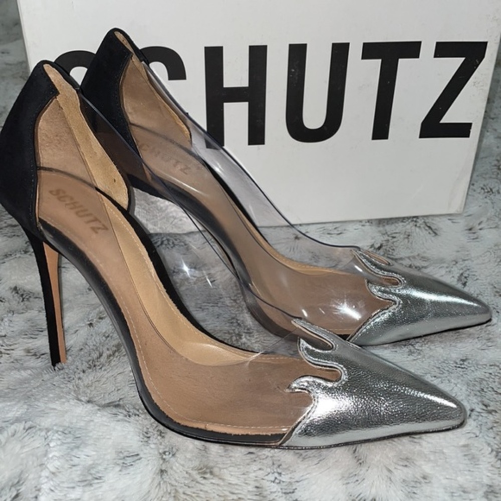 🆕 BNIB Schutz | Den Flame Transparent Vinyl High Heels | Black Silver